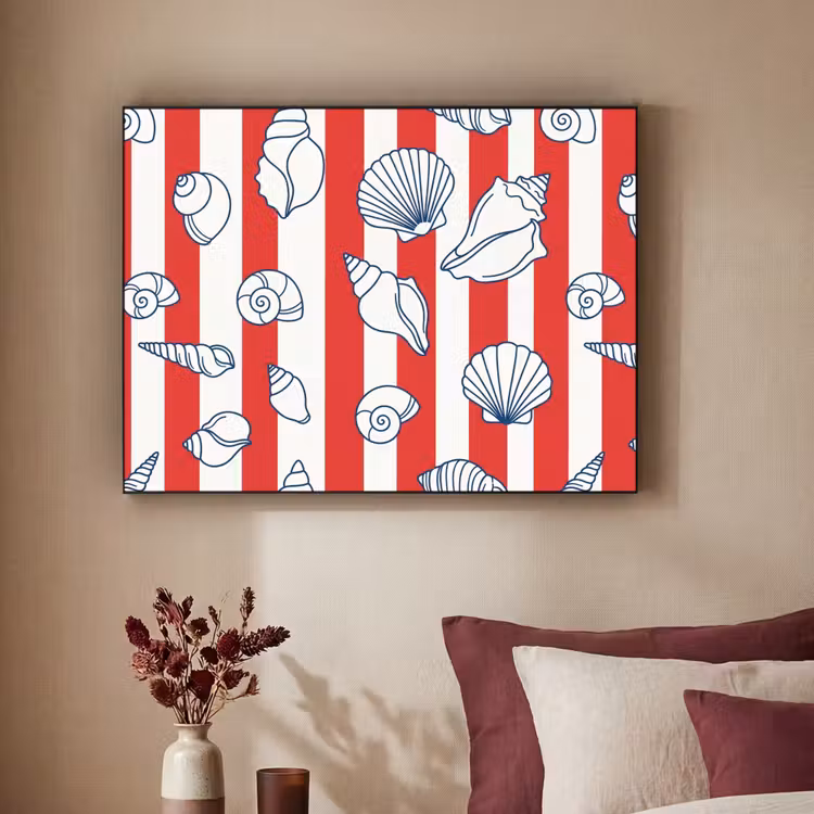 Schelp - Zeedieren - Zomer - Illustratie - Rood - Blauw Textielframe zwart klein -sfeer1
