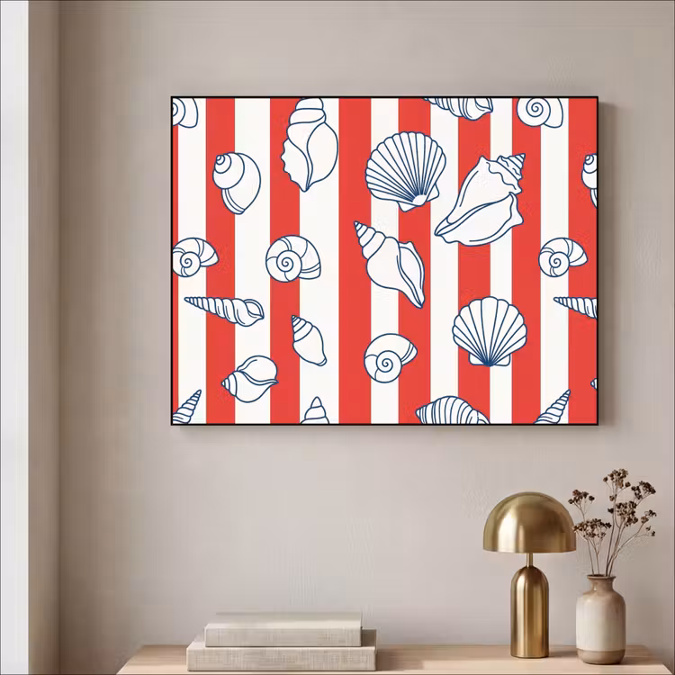 Schelp - Zeedieren - Zomer - Illustratie - Rood - Blauw Textielframe zwart klein -sfeer2