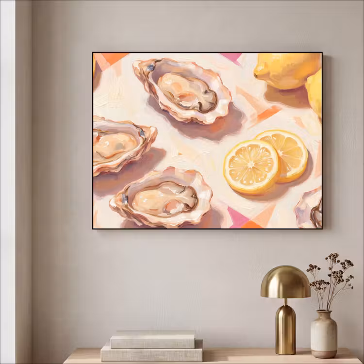 Stilleven - Citroenen - Oesters - Abstract - Oranje Textielframe zwart klein -sfeer2