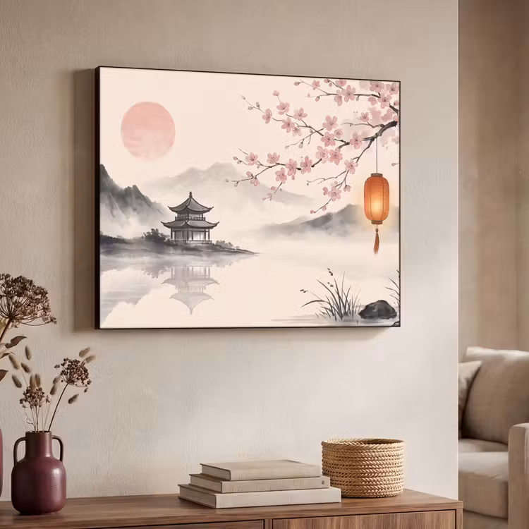 Zon - Japans - Traditioneel Textielframe zwart klein -sfeer3