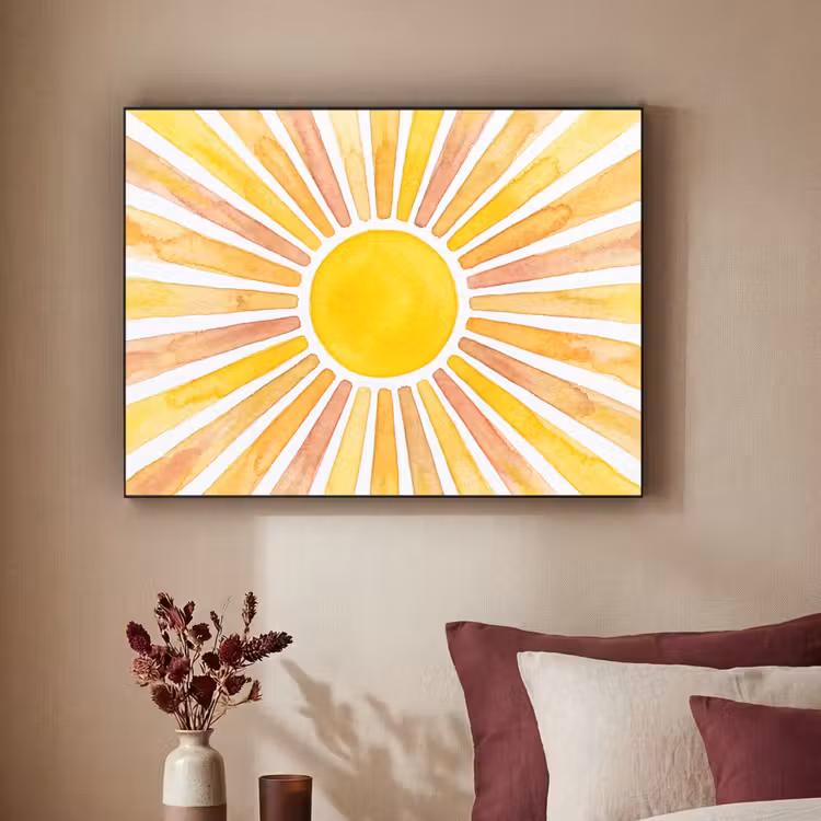 Zon - Stralen - Aquarel - Geel - Abstract Textielframe zwart klein -sfeer1