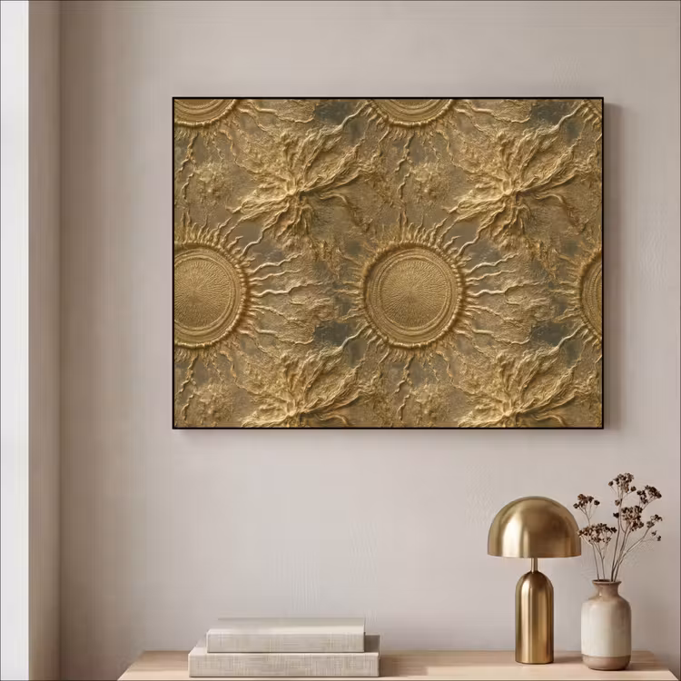 Zon - Reliëf - Antiek - Goud Textielframe zwart klein 947 -sfeer2