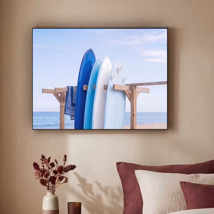 Surfplank - Strand - Zomer - Blauw - Water Textielframe zwart klein -sfeer1