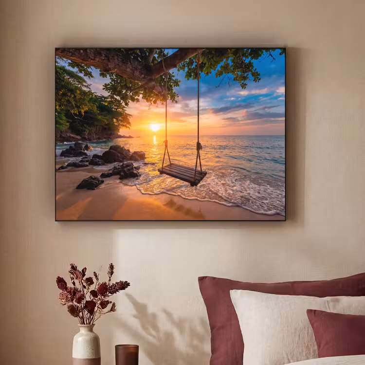 Schommel - Strand - Zonsondergang - Natuur - Oranje Textielframe zwart klein -sfeer1