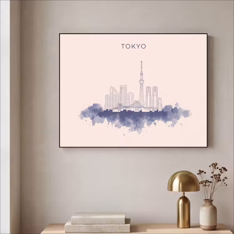 Tokyo - Skyline - Stad - Abstract - Blauw Textielframe zwart klein -sfeer2