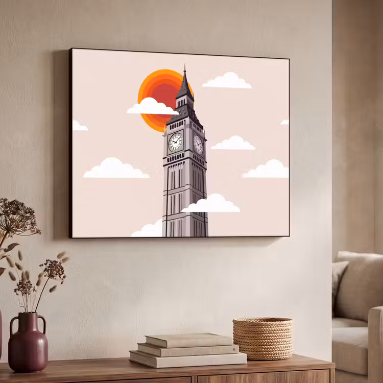 Toren - Klok - Londen - Architectuur - Retro Textielframe zwart klein -sfeer3