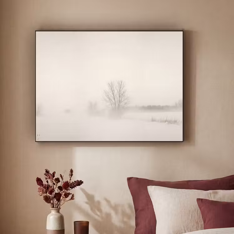 Boom - Mist - Sneeuw - Winter - Minimalistisch Textielframe zwart klein -sfeer1