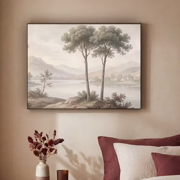 Bomen - Meer - Bergen - Illustratie Textielframe zwart klein -sfeer1