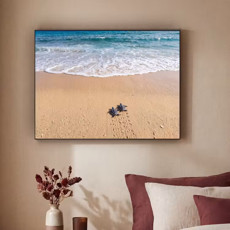 Schildpad - Jong - Strand - Oceaan - Blauw Textielframe zwart klein -sfeer1