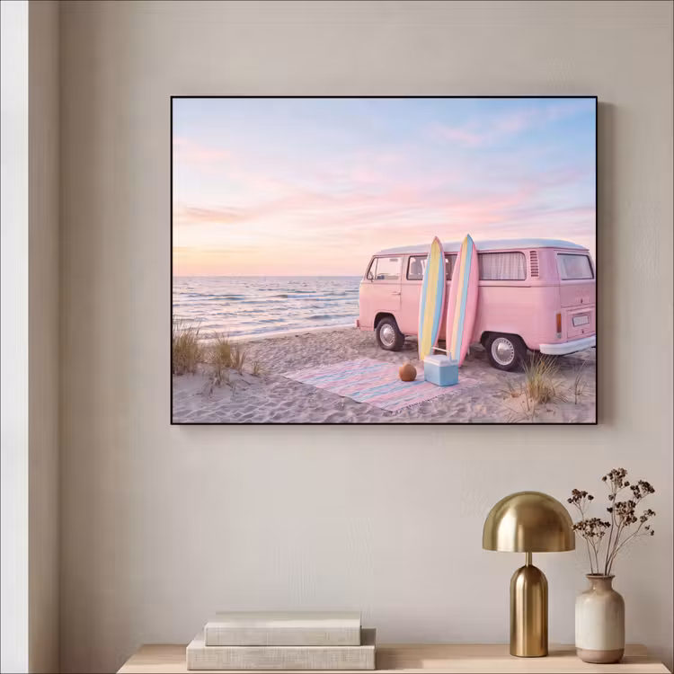 Busje - Strand - Surfplank - Zomer - Roze Textielframe zwart klein -sfeer2