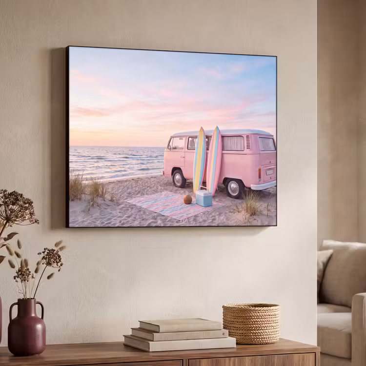 Busje - Strand - Surfplank - Zomer - Roze Textielframe zwart klein -sfeer3