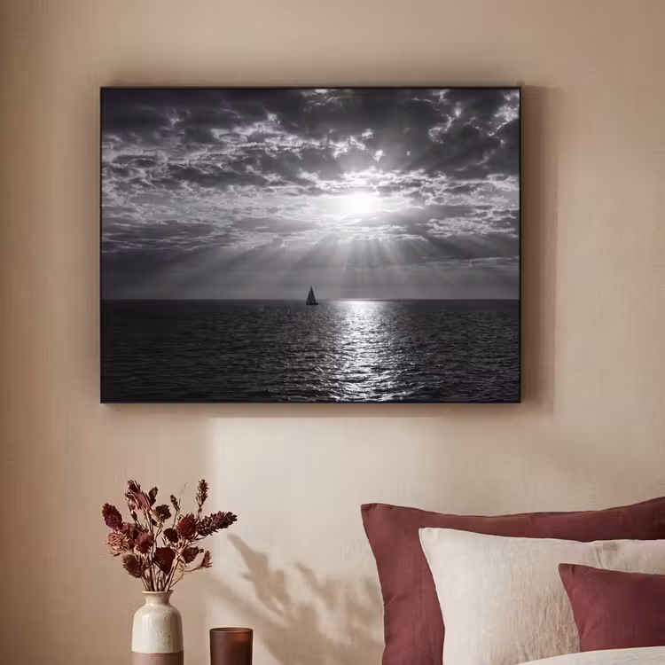 Water - Boot - Lucht - Natuur - Zwart-wit Textielframe zwart klein -sfeer1