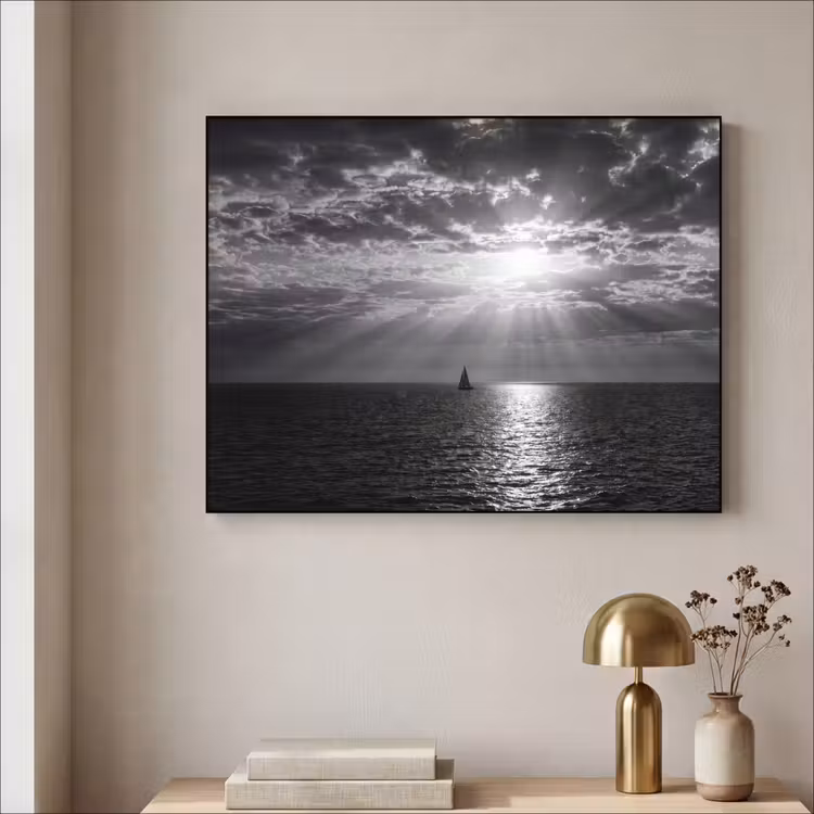 Water - Boot - Lucht - Natuur - Zwart-wit Textielframe zwart klein -sfeer2