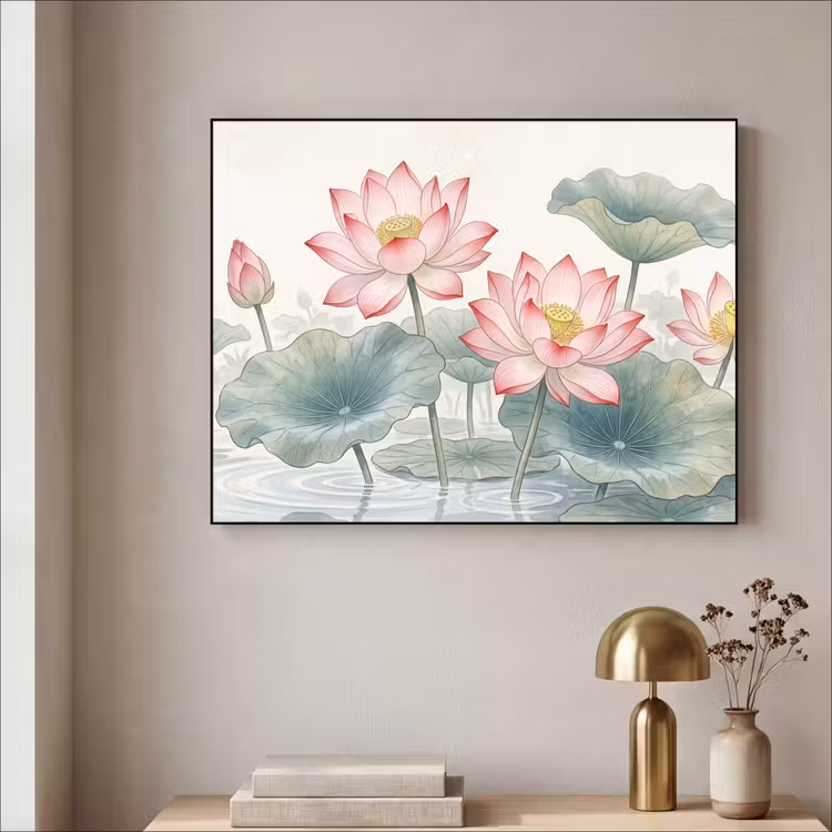 Aquarel - Lotusbloemen - Kleurrijk Textielframe zwart klein -sfeer2