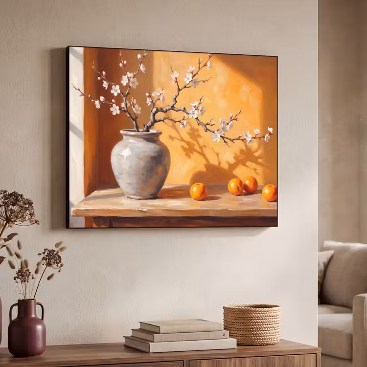 Art Frame - White Flowers - Still Life - Witte bloemen - Stilleven Textielframe zwart klein