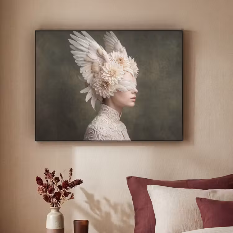 Vleugels - Vrouw - Wit Textielframe zwart klein -sfeer1