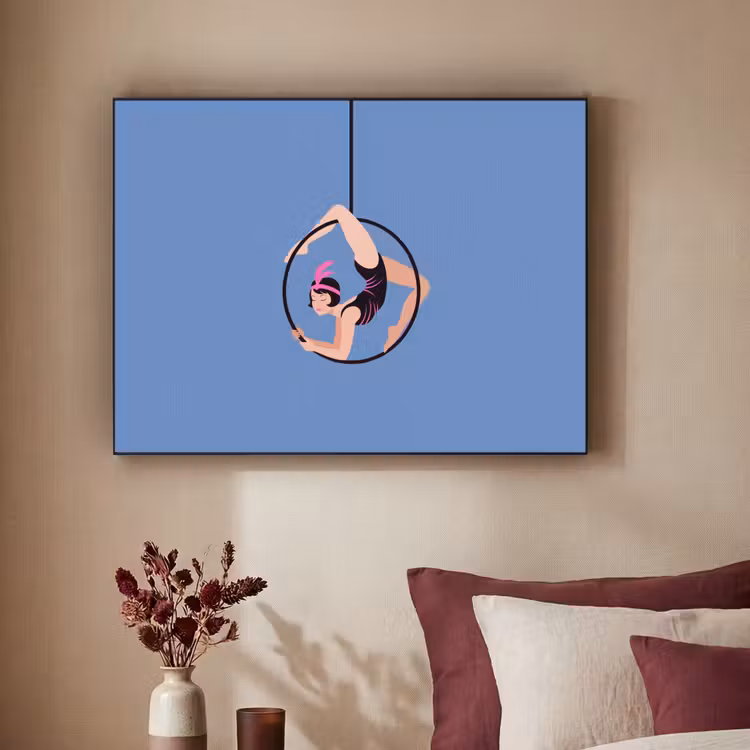 Vrouw - Aerial hoop - Art deco - Illustratie - Blauw Textielframe zwart klein -sfeer1