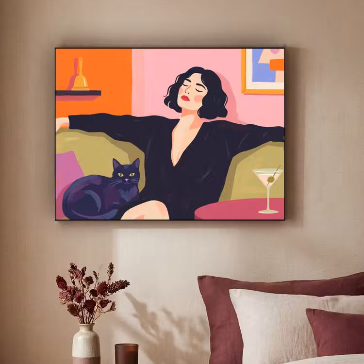 Vrouw - Kat - Interieur - Modern - Kleurrijk Textielframe zwart klein -sfeer1
