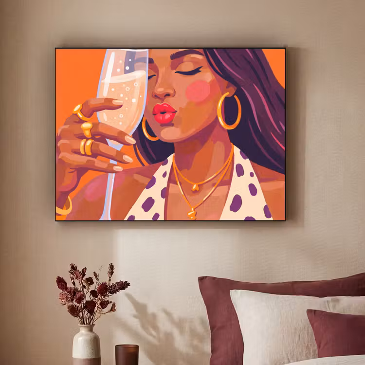 Vrouw - Champagne - Feest - Modern - Oranje Textielframe zwart klein -sfeer1