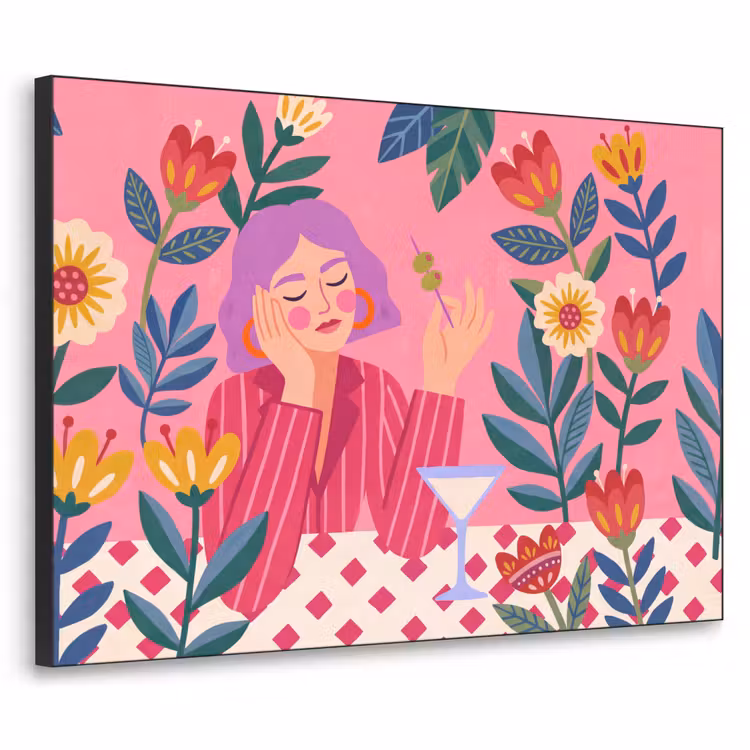 Vrouw - Cocktail - Bloemen - Modern - Roze Textielframe zwart klein -3d
