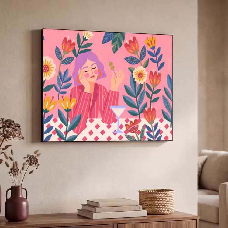 Vrouw - Cocktail - Bloemen - Modern - Roze Textielframe zwart klein -sfeer3