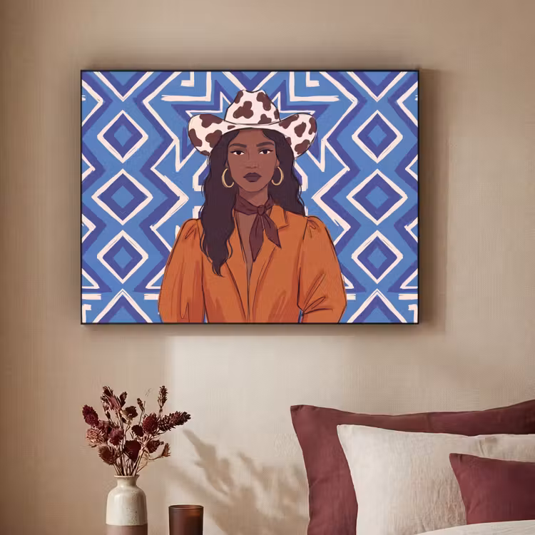 Vrouw - Cowboyhoed - Portret - Modern - Blauw Textielframe zwart klein -sfeer1