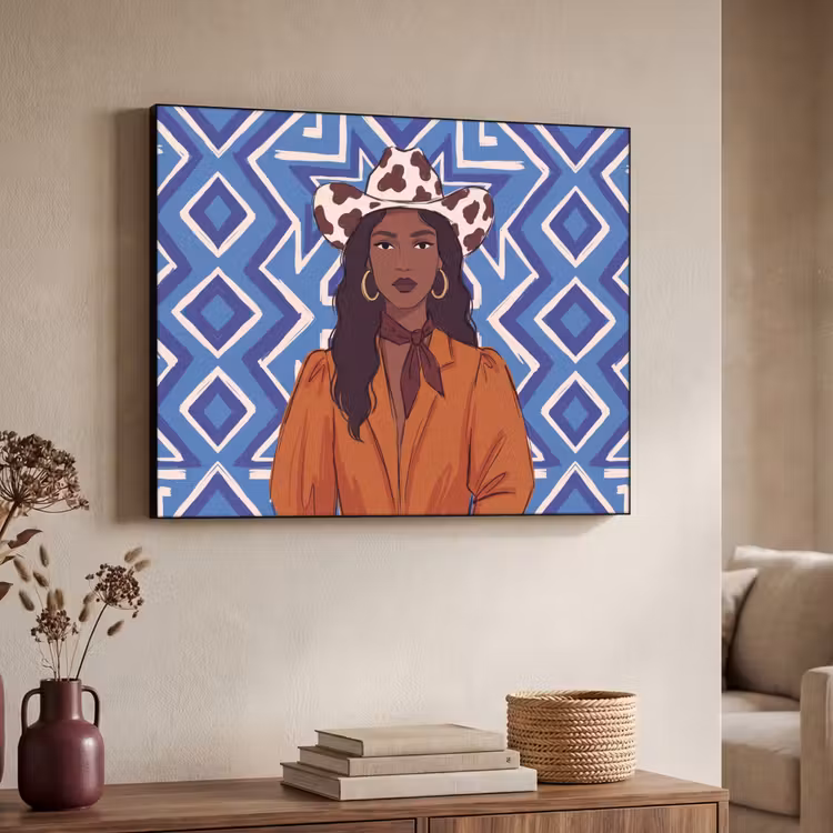 Vrouw - Cowboyhoed - Portret - Modern - Blauw Textielframe zwart klein -sfeer3
