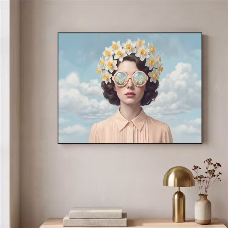 Vrouw - Narcissen - Geel Textielframe zwart klein -sfeer2
