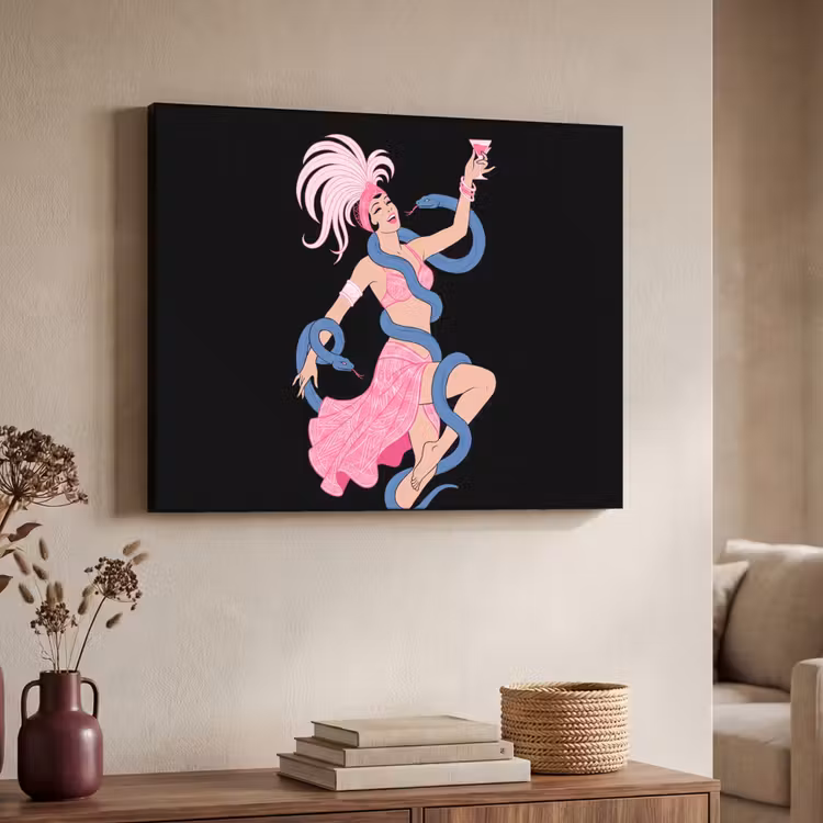 Vrouw - Danseres - Slangen - Art Deco - Roze Textielframe zwart klein -sfeer3