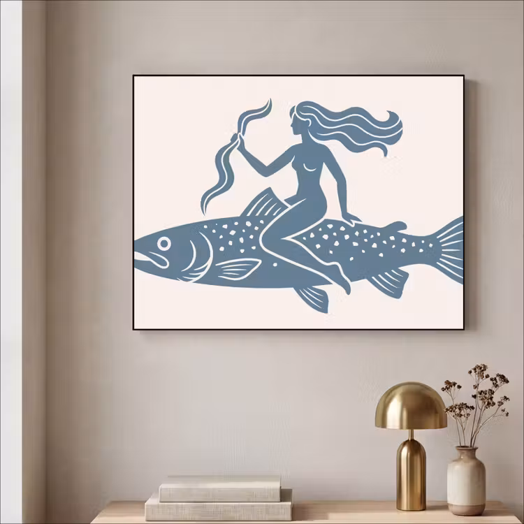 Vrouw - Vis - Fantasie - Abstract - Blauw Textielframe zwart klein -sfeer2