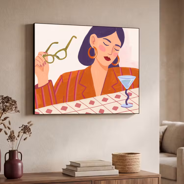 Vrouw - Bril - Cocktail - Illustratie - Modern Textielframe zwart klein -sfeer3