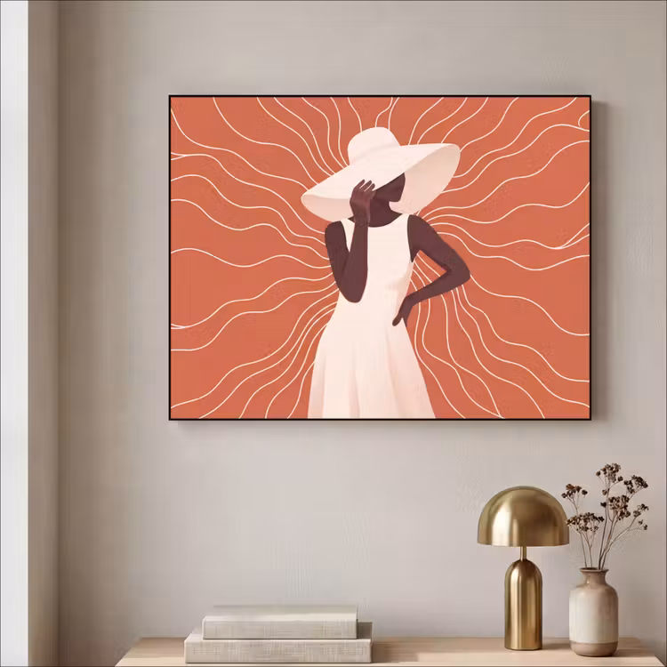 Vrouw - Hoed - Portret - Modern - Beige Textielframe zwart klein -sfeer2