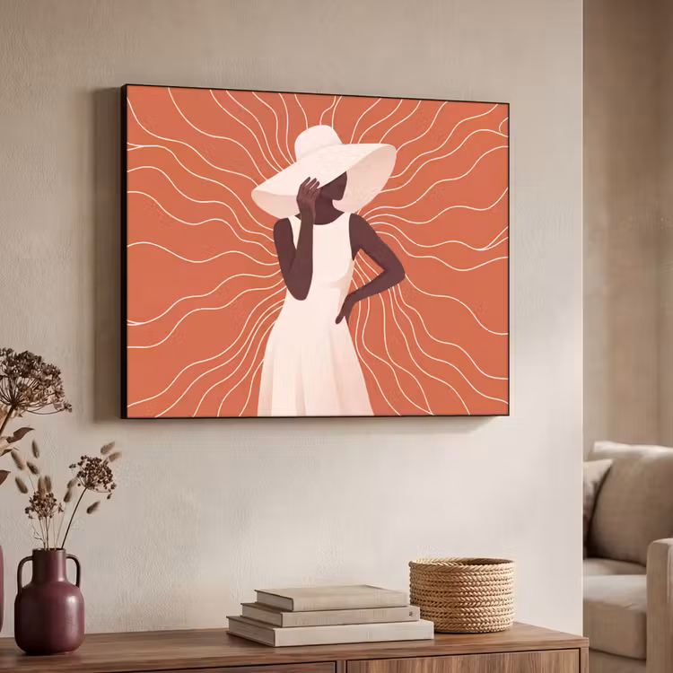 Vrouw - Hoed - Portret - Modern - Beige Textielframe zwart klein -sfeer3