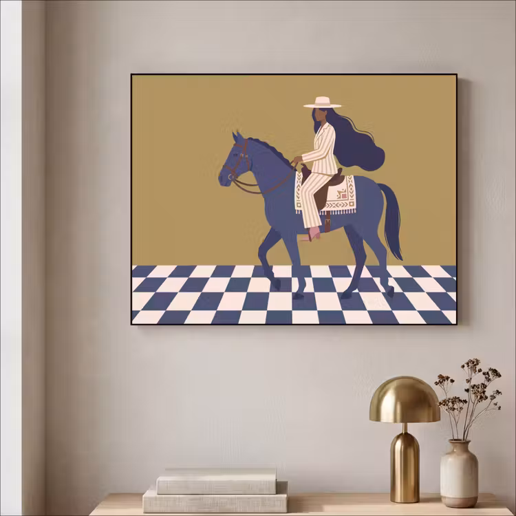 Vrouw - Paard - Rijden - Modern - Abstract Textielframe zwart klein -sfeer2