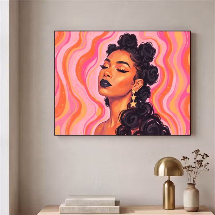 Vrouw - Portret - Abstract - Kleurrijk - Roze Textielframe zwart klein -sfeer2