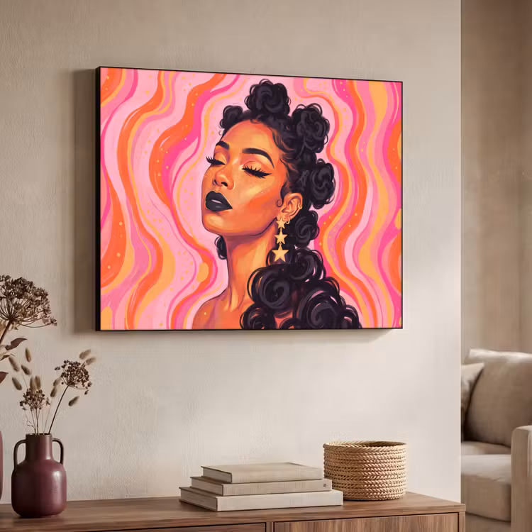 Vrouw - Portret - Abstract - Kleurrijk - Roze Textielframe zwart klein -sfeer3