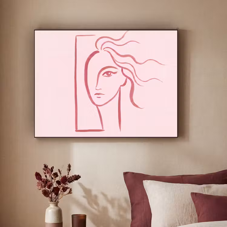 Vrouw - Portret - Abstract - Lijnkunst - Rood Textielframe zwart klein -sfeer1