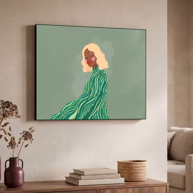 Vrouw - Portret - Illustratie - Modern - Groen Textielframe zwart klein -sfeer3