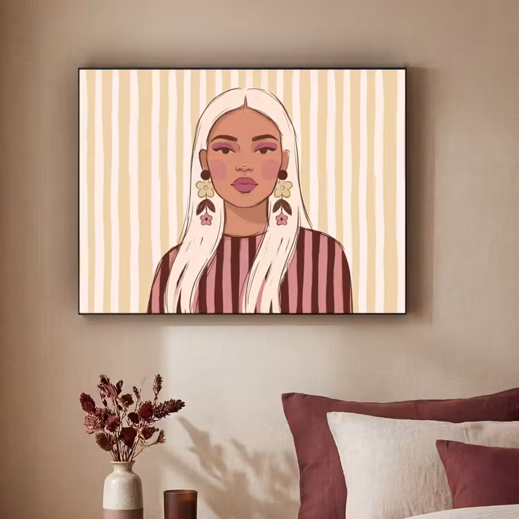 Vrouw - Portret - Illustratie - Modern - Roze Textielframe zwart klein -sfeer1