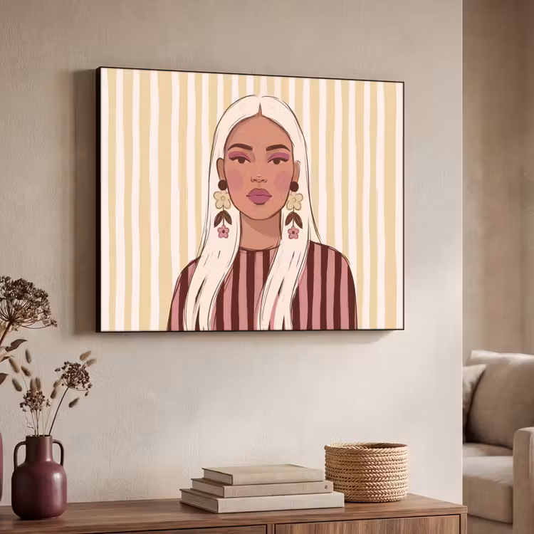 Vrouw - Portret - Illustratie - Modern - Roze Textielframe zwart klein -sfeer3