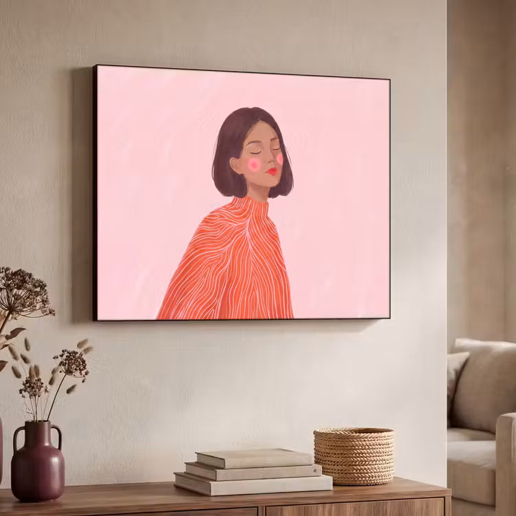 Vrouw - Portret - Modern - Kunst - Roze Textielframe zwart klein -sfeer3
