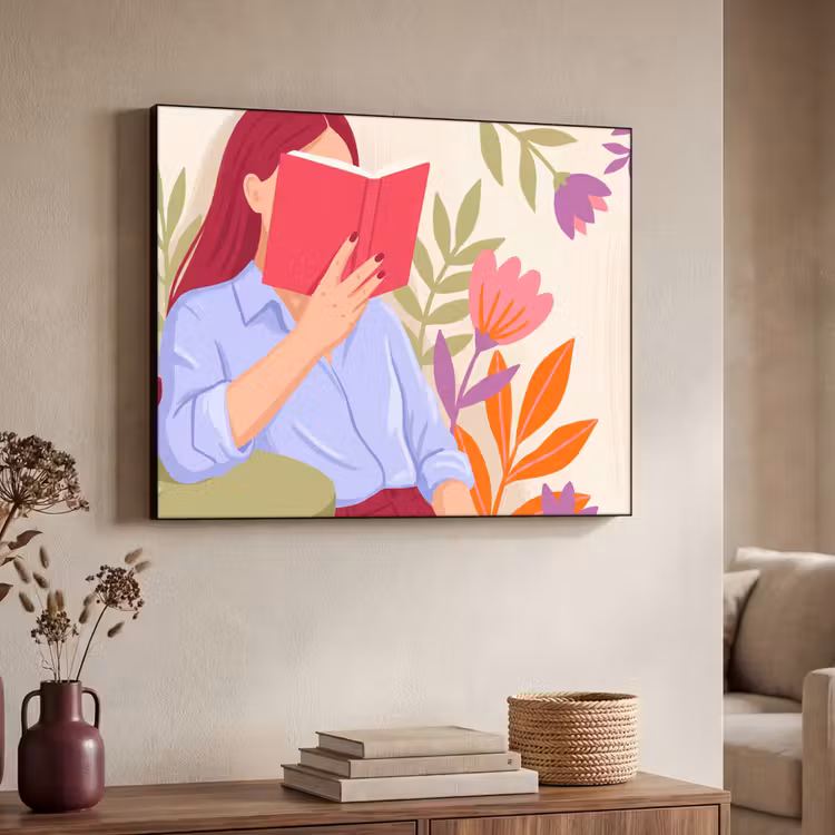 Vrouw - Lezen - Thuis - Modern - Bloemen Textielframe zwart klein -sfeer3