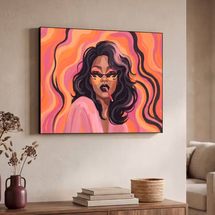 Vrouw - Zonnebril - Modern - Portret - Oranje Textielframe zwart klein -sfeer3
