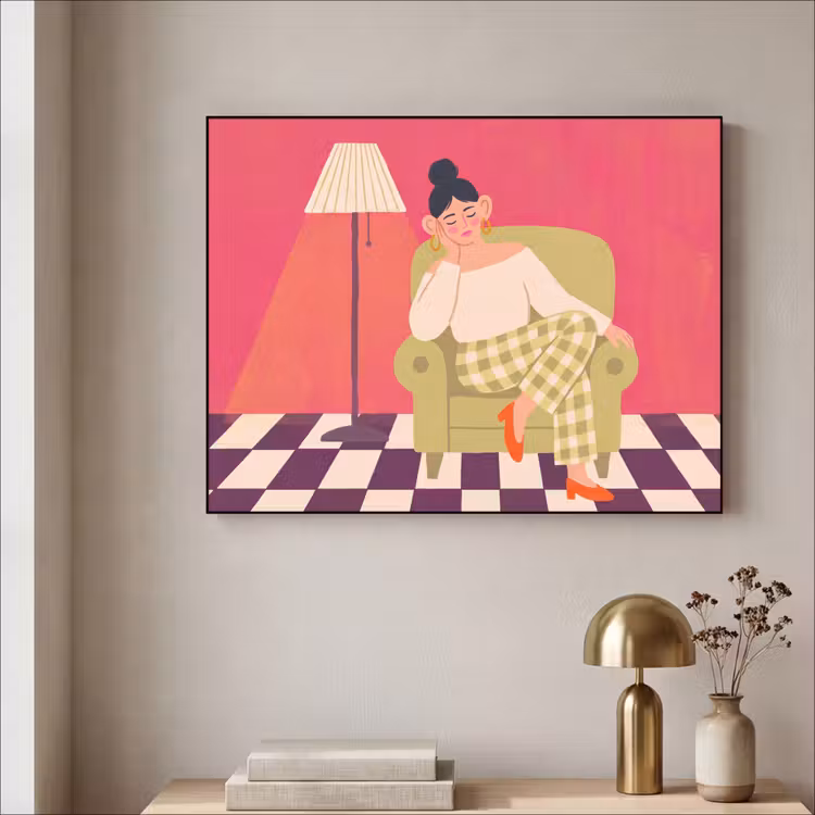 Vrouw - Rust - Interieur - Modern - Kunst Textielframe zwart klein -sfeer2