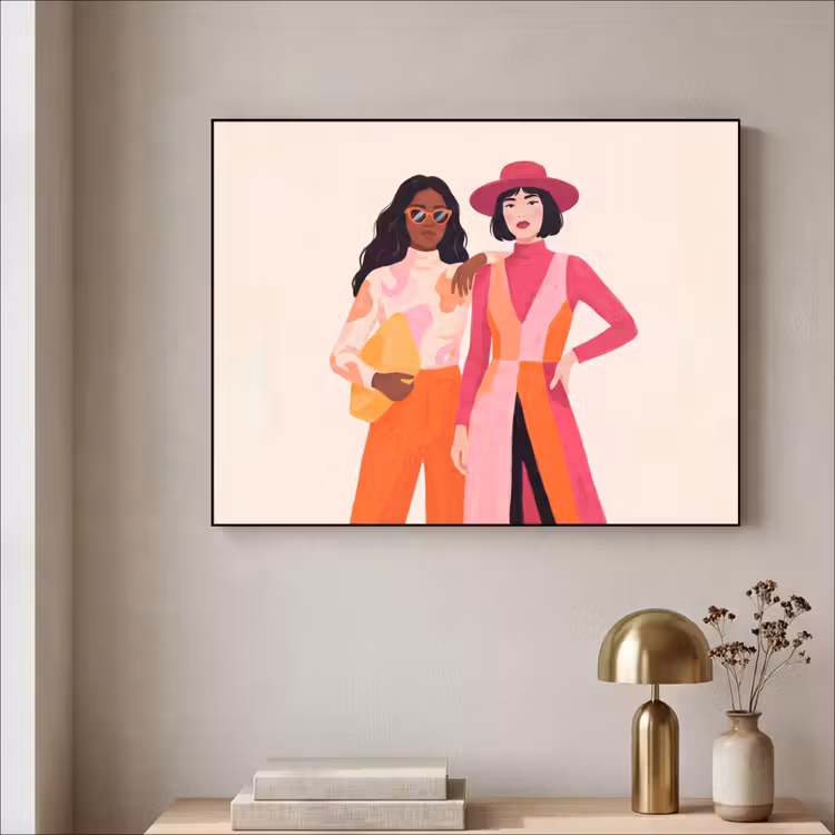 Vrouw - Twee - Mode - Abstract - Kleurrijk Textielframe zwart klein -sfeer2