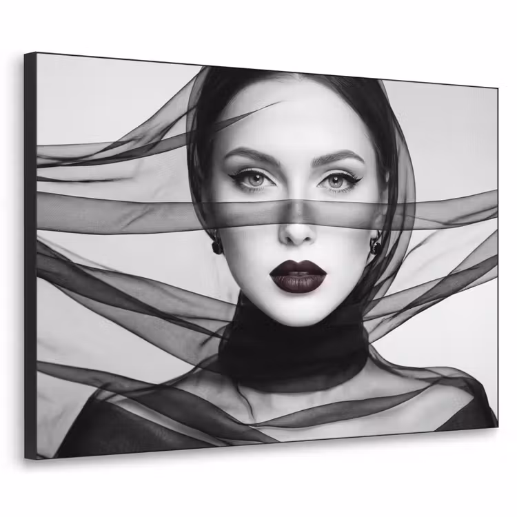 Vrouw - Sluier - Portret - Zwart  - Wit - Elegant Textielframe zwart klein -3d