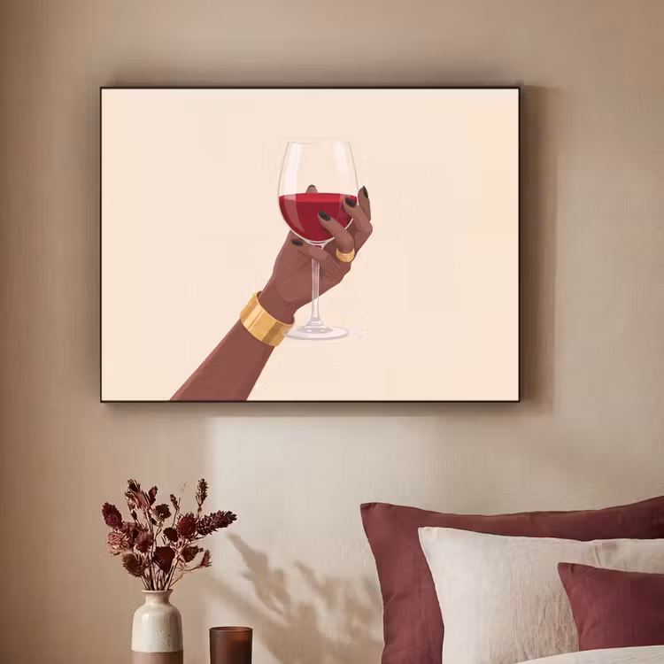 Vrouw - Wijn - Glas - Illustratie - Rood Textielframe zwart klein -sfeer1