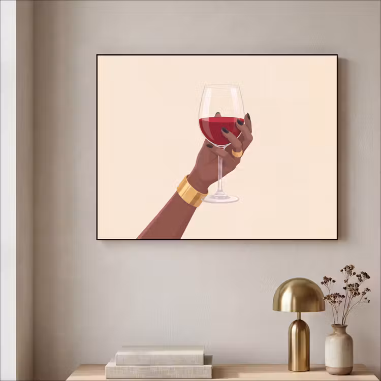 Vrouw - Wijn - Glas - Illustratie - Rood Textielframe zwart klein -sfeer2
