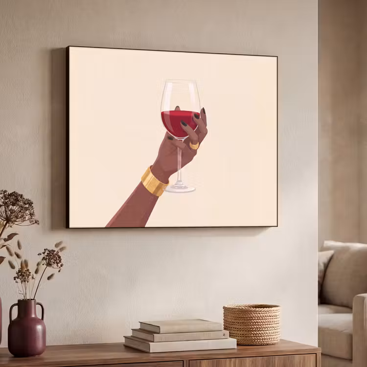 Vrouw - Wijn - Glas - Illustratie - Rood Textielframe zwart klein -sfeer3