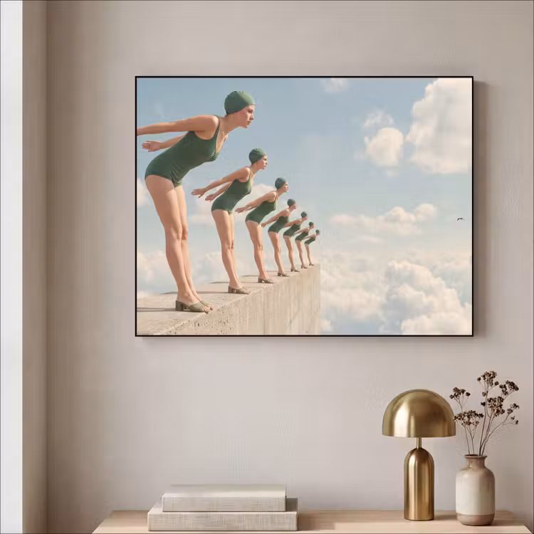 Art Frame - Women - Diving Pose - Clouds - Vrouwen - Duikhouding - Wolken Textielframe zwart klein